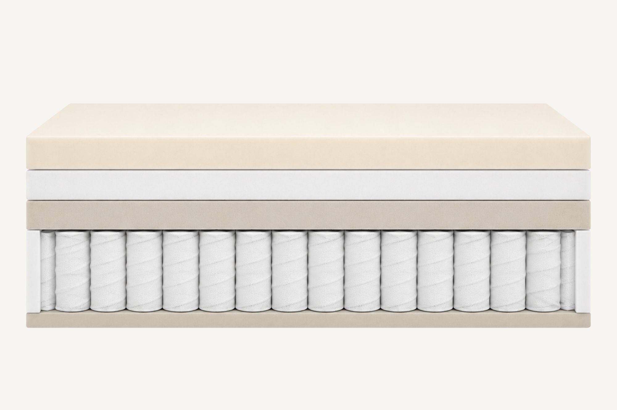 A cross-section view of a mattress showing its layered construction with a beige top layer, a white middle layer, and white cylindrical coil springs on a light gray background.