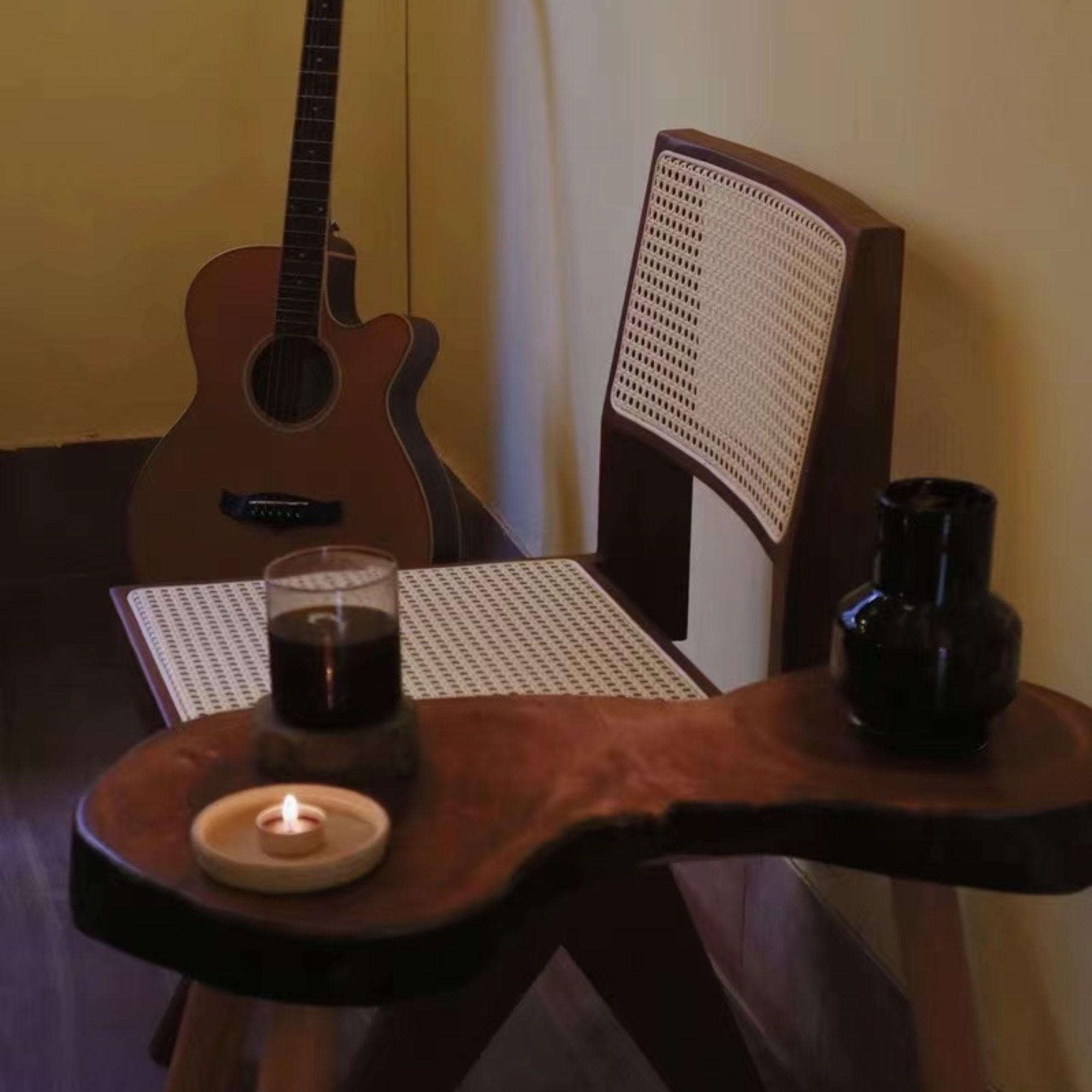 Tara poplar wood chair artistic shot, guitar and candles