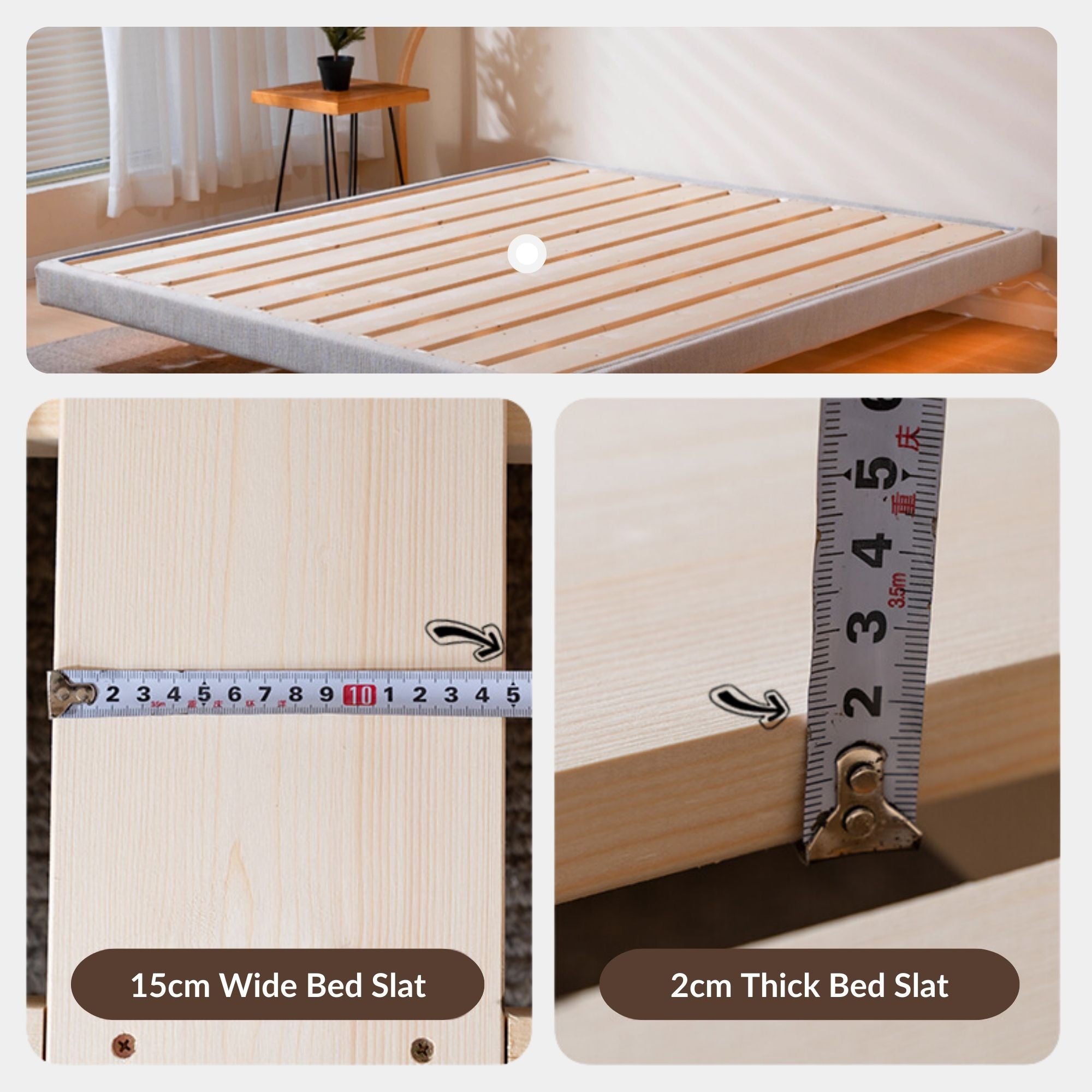 Bed slat dimensisons in terms of width and thickness