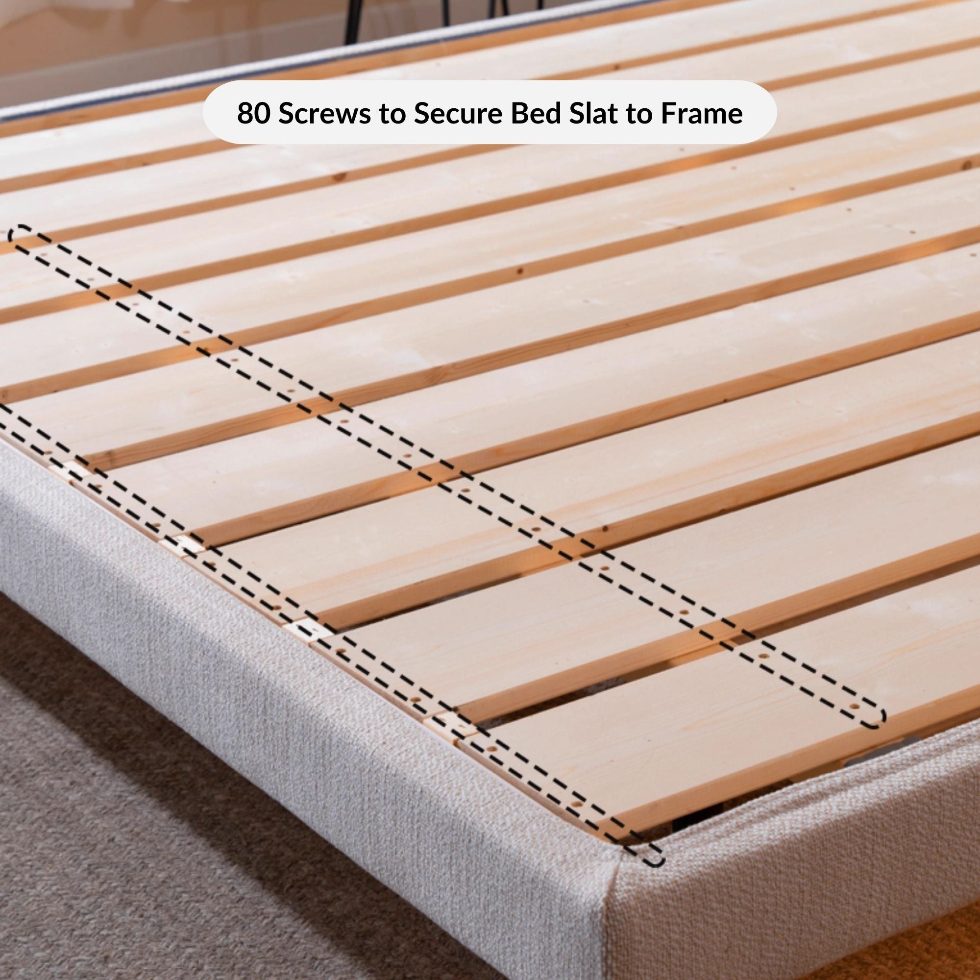 Connection of bed slat to frame with 80 nails