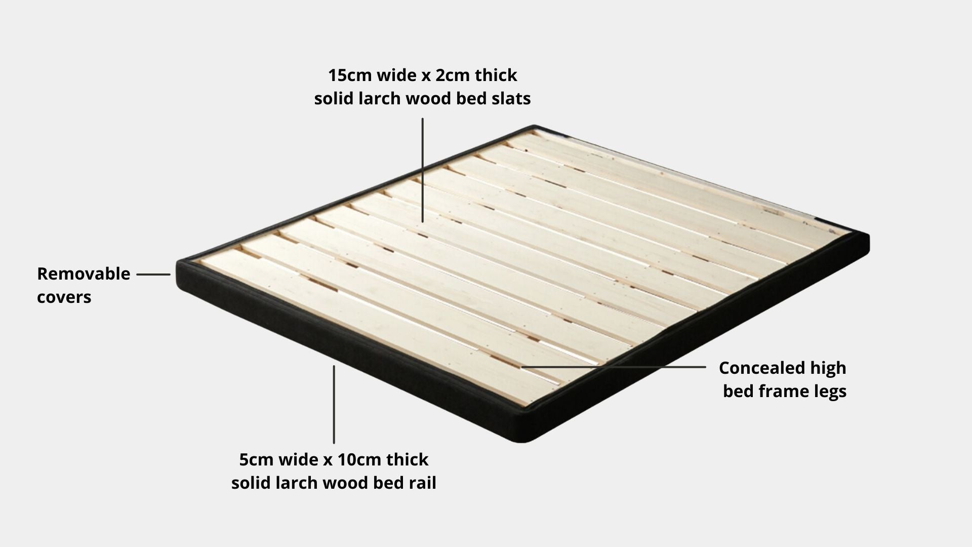 Key bed frame details for Crystal Fabric Bed Frame