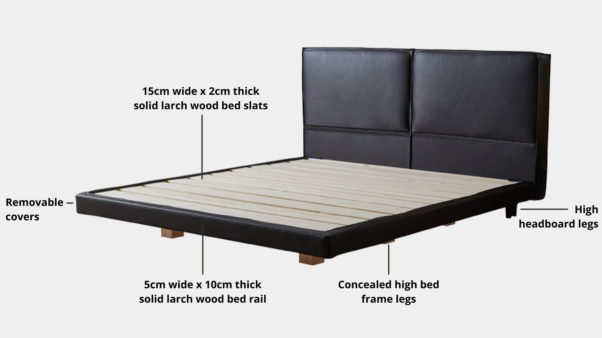 Key bed frame details for Cubix Faux Leather Bed Frame