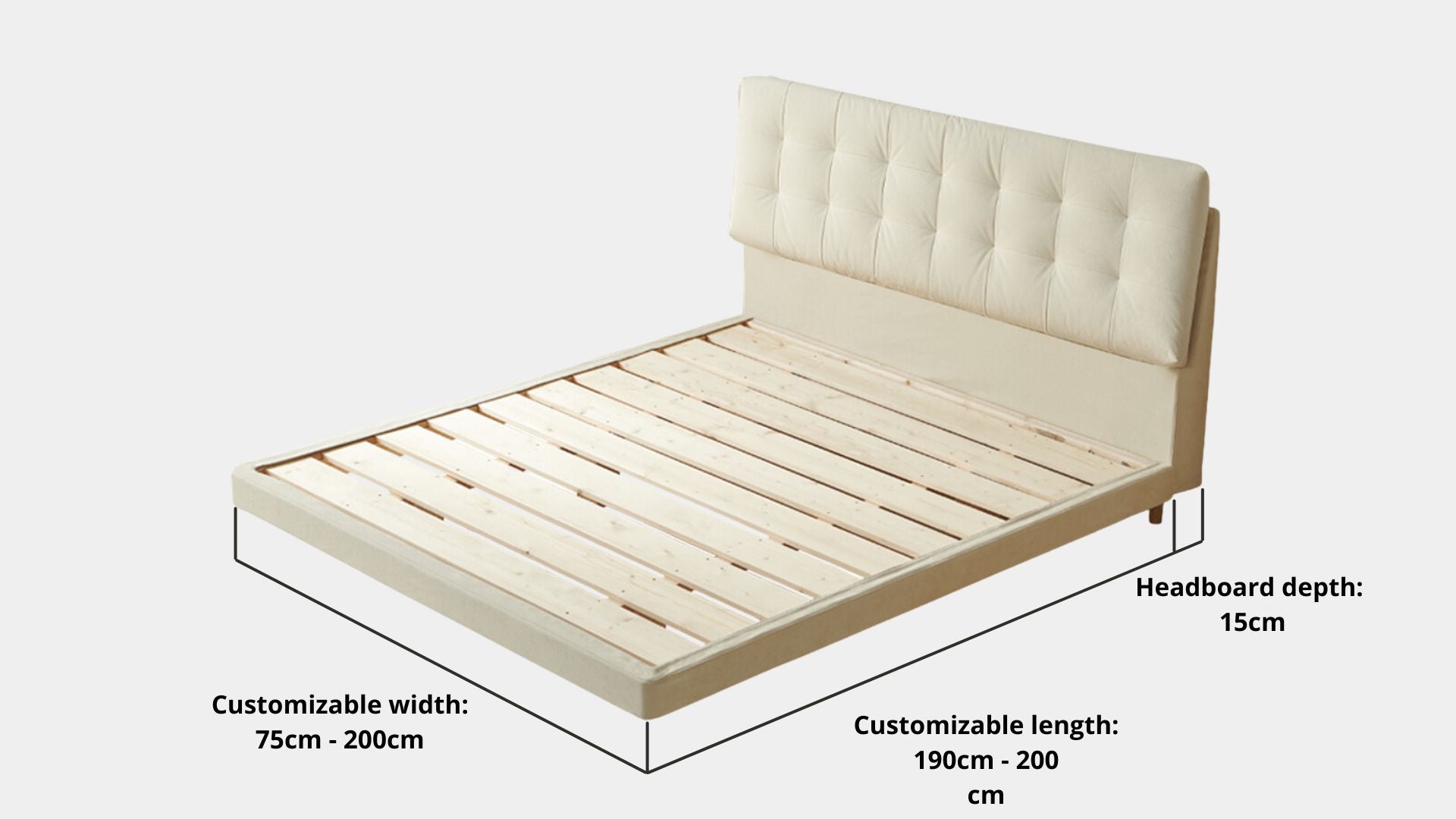 Key bed frame dimensions for Clora Fabric Bed Frame