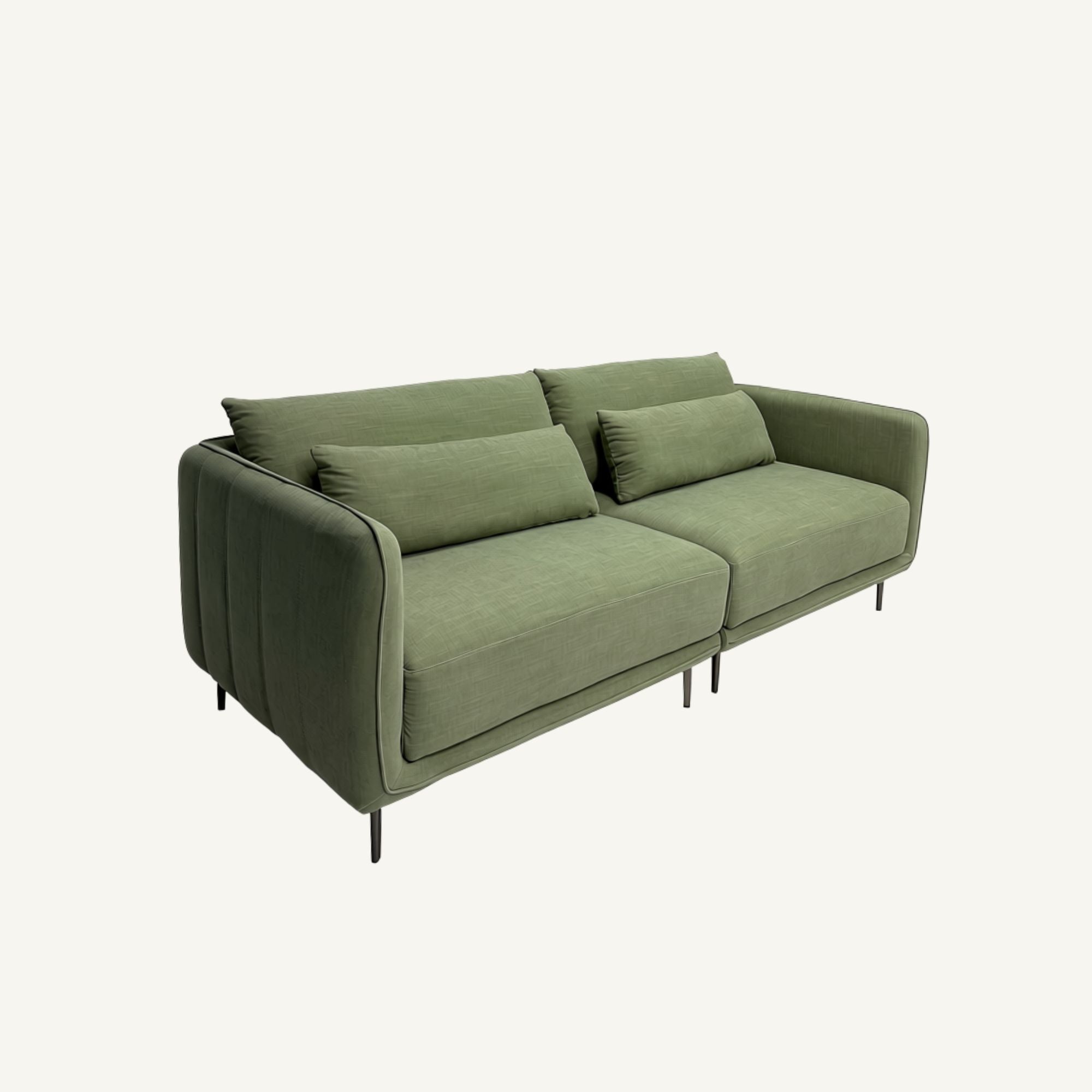 An olive green fabric two-seater sofa with matching throw pillows and slim black metal legs, shown against a plain off-white background.