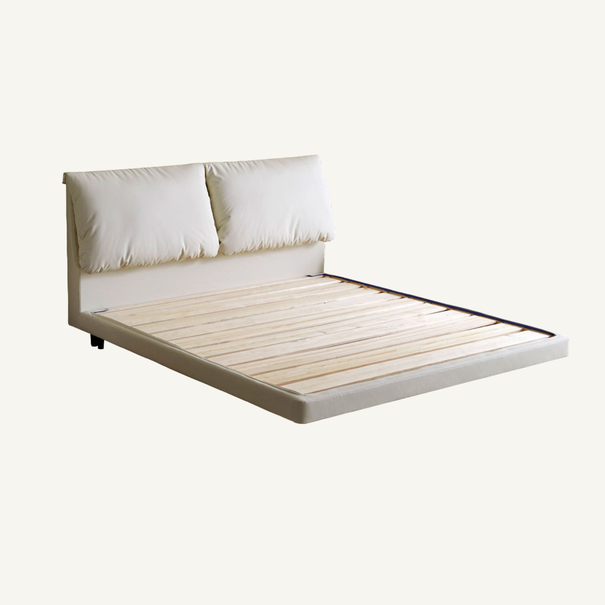 A modern platform bed frame with a padded headboard, shown on a plain light background.
