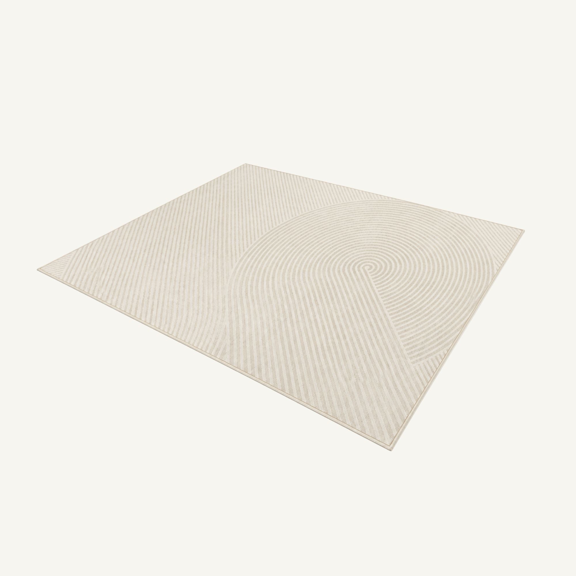 A square area rug in a light cream or off-white color, featuring a textured concentric spiral pattern, shown from an elevated perspective against a solid off-white background.