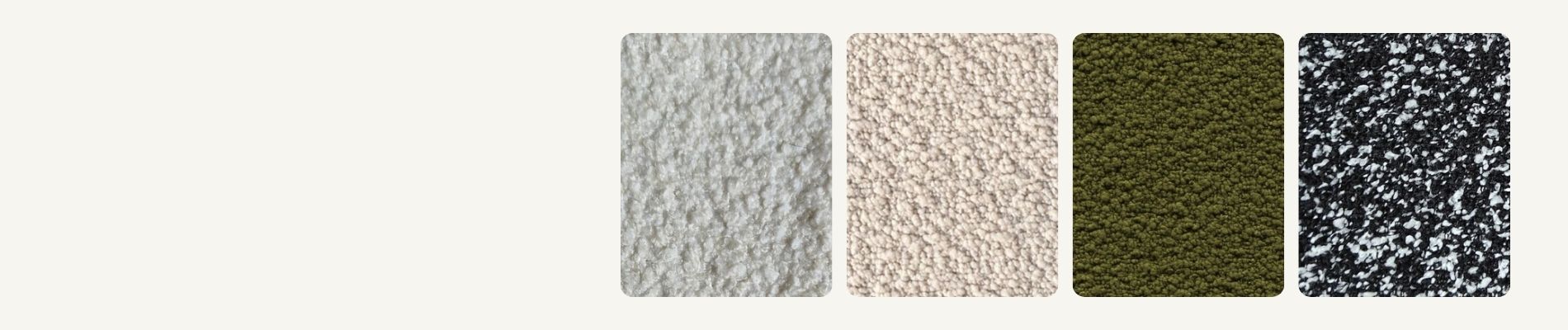 Four square fabric swatches shown side by side on a light gray background: a light gray textured sample, a warm off-white/beige textured sample, an olive green textured sample, and a black-and-white speckled sample.