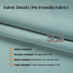 velvet fabric background with SGS certification details on water, scratch, wear, and fade resistance.