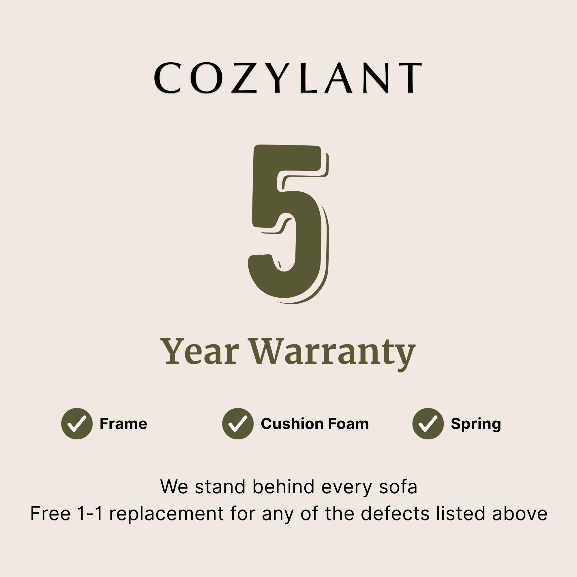 Cozylant 5-year warranty graphic with a beige background