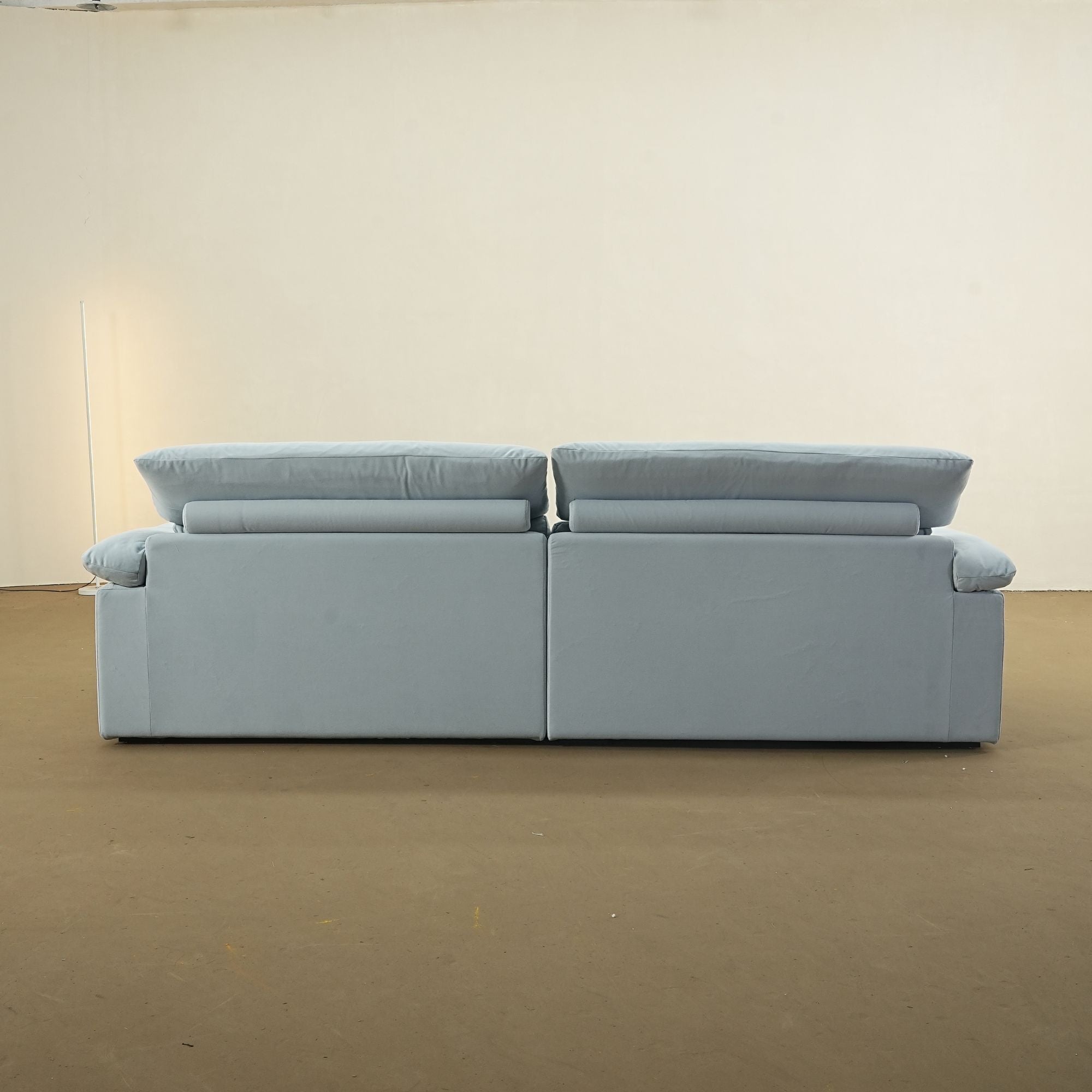 Calla fabric adjustable backrest sofa in blue pet friendly fabric, back view photo taken on the factory floor