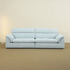 Calla fabric adjustable backrest sofa in blue pet friendly fabric, at high backrest model, photo taken on the factory floor
