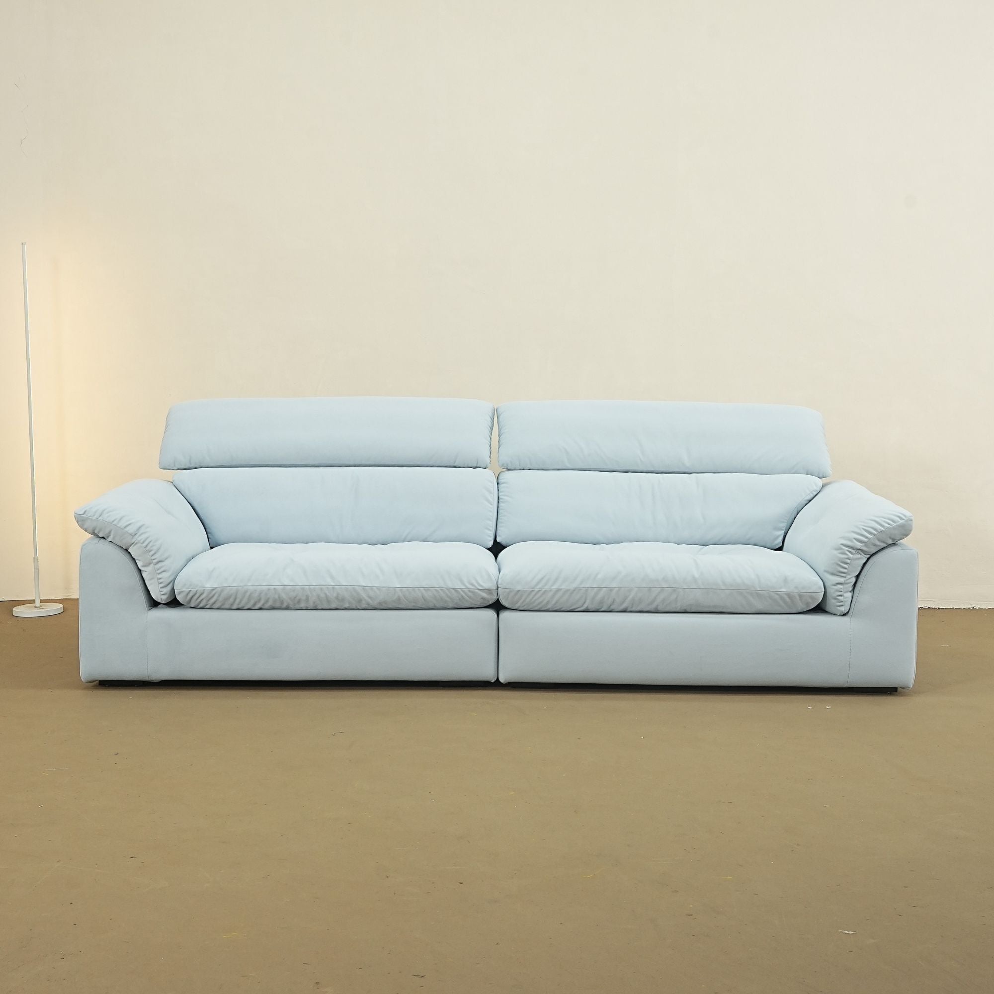 Calla fabric adjustable backrest sofa in blue pet friendly fabric, at high backrest model, photo taken on the factory floor