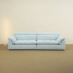 Calla fabric adjustable backrest sofa in blue pet friendly fabric, at low backrest model, photo taken on the factory floor