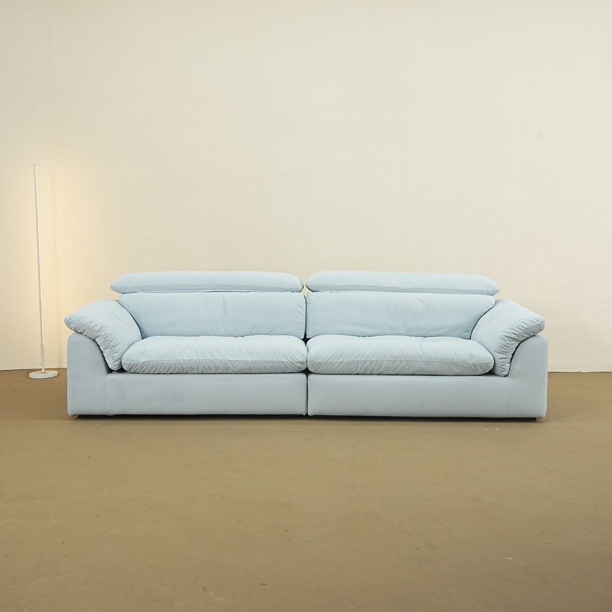 Calla fabric adjustable backrest sofa in blue pet friendly fabric, at low backrest model, photo taken on the factory floor