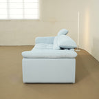 Calla fabric adjustable backrest sofa in blue pet friendly fabric, photo taken on the factory floor