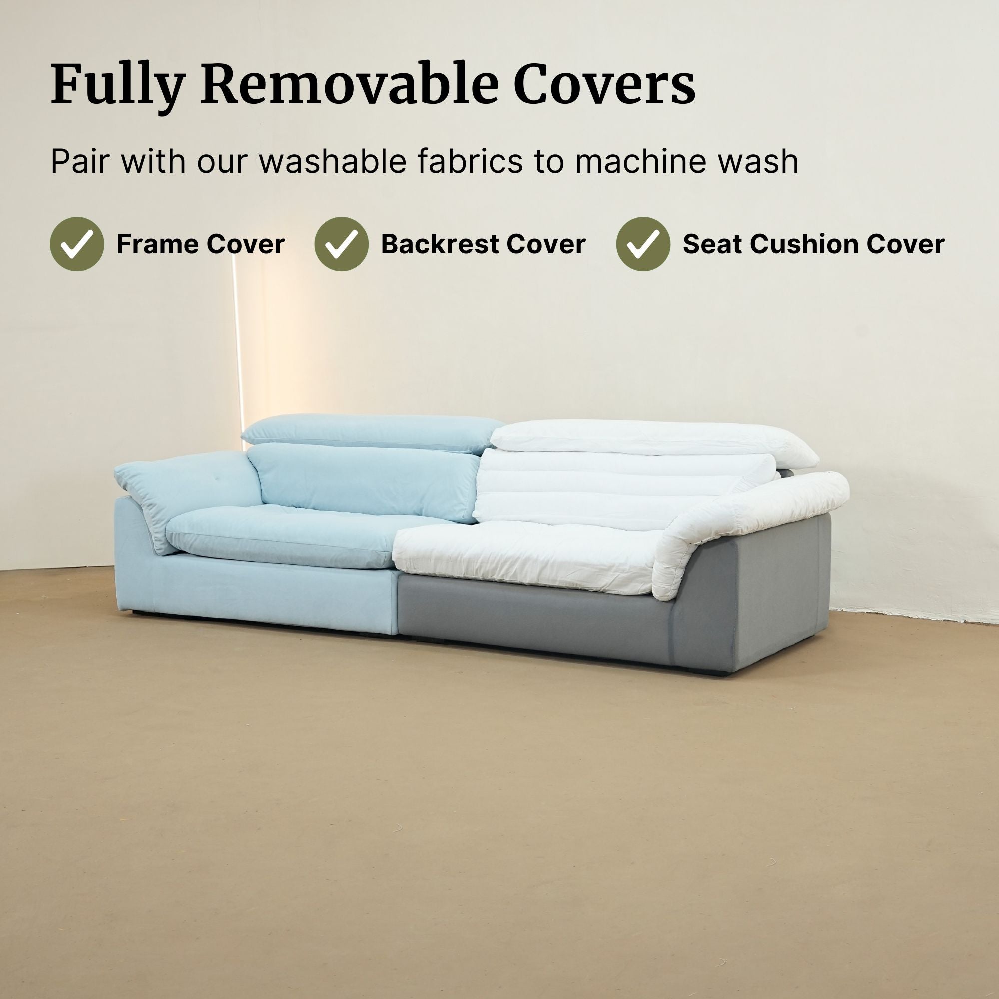 Fully removable cover display for Calla fabric adjustable backrest sofa