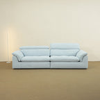 Calla fabric adjustable backrest sofa in blue pet friendly fabric, photo taken on the factory floor