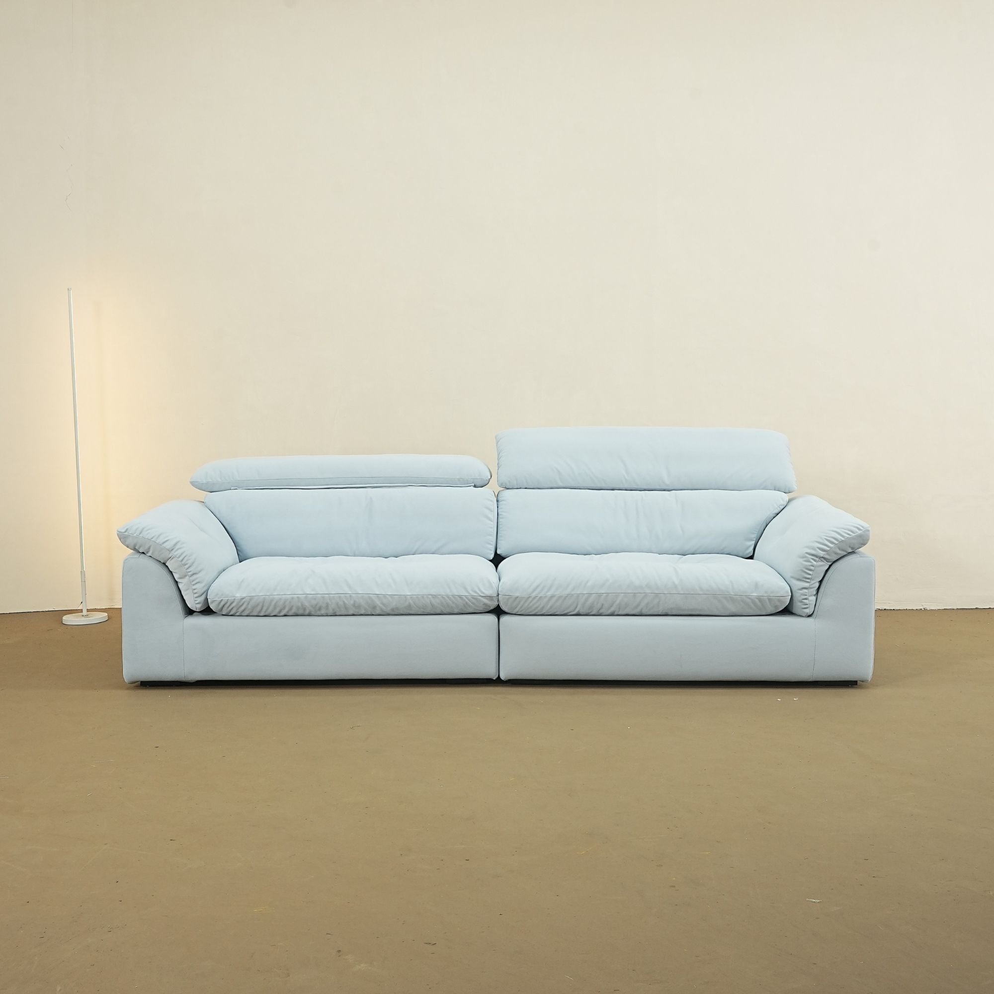 Calla fabric adjustable backrest sofa in blue pet friendly fabric, photo taken on the factory floor