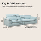 Calla adjustable backrest sofa in blue pet friendly fabric showing key dimensions and available dimensional customizations for seat height and armrest height