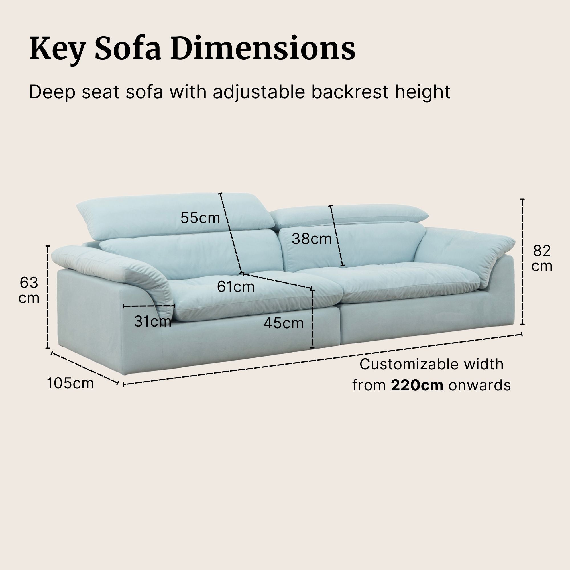 Calla adjustable backrest sofa in blue pet friendly fabric showing key dimensions and available dimensional customizations for seat height and armrest height