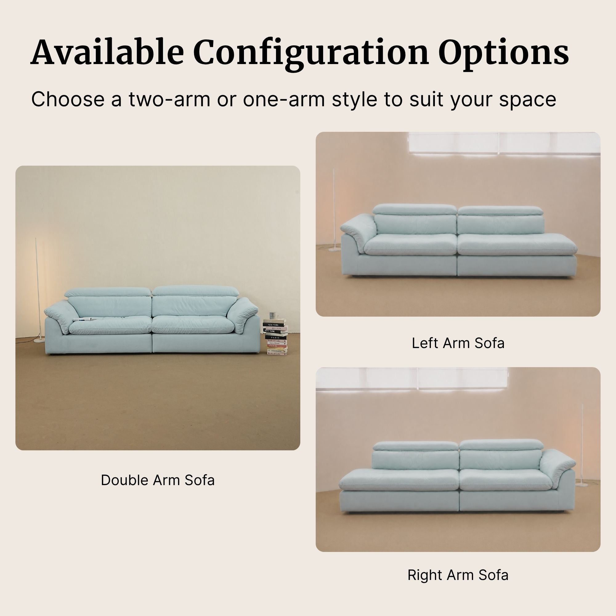 Modular sofa configurations with text indicating customizable layouts.
