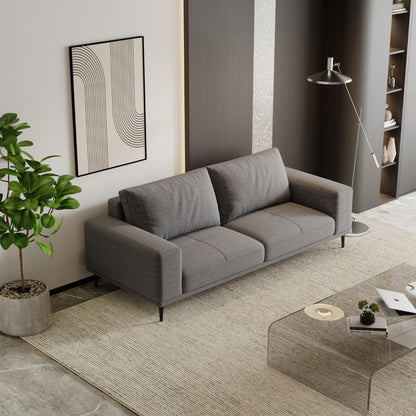Gray sofa in a modern living room with a plant and coffee table.