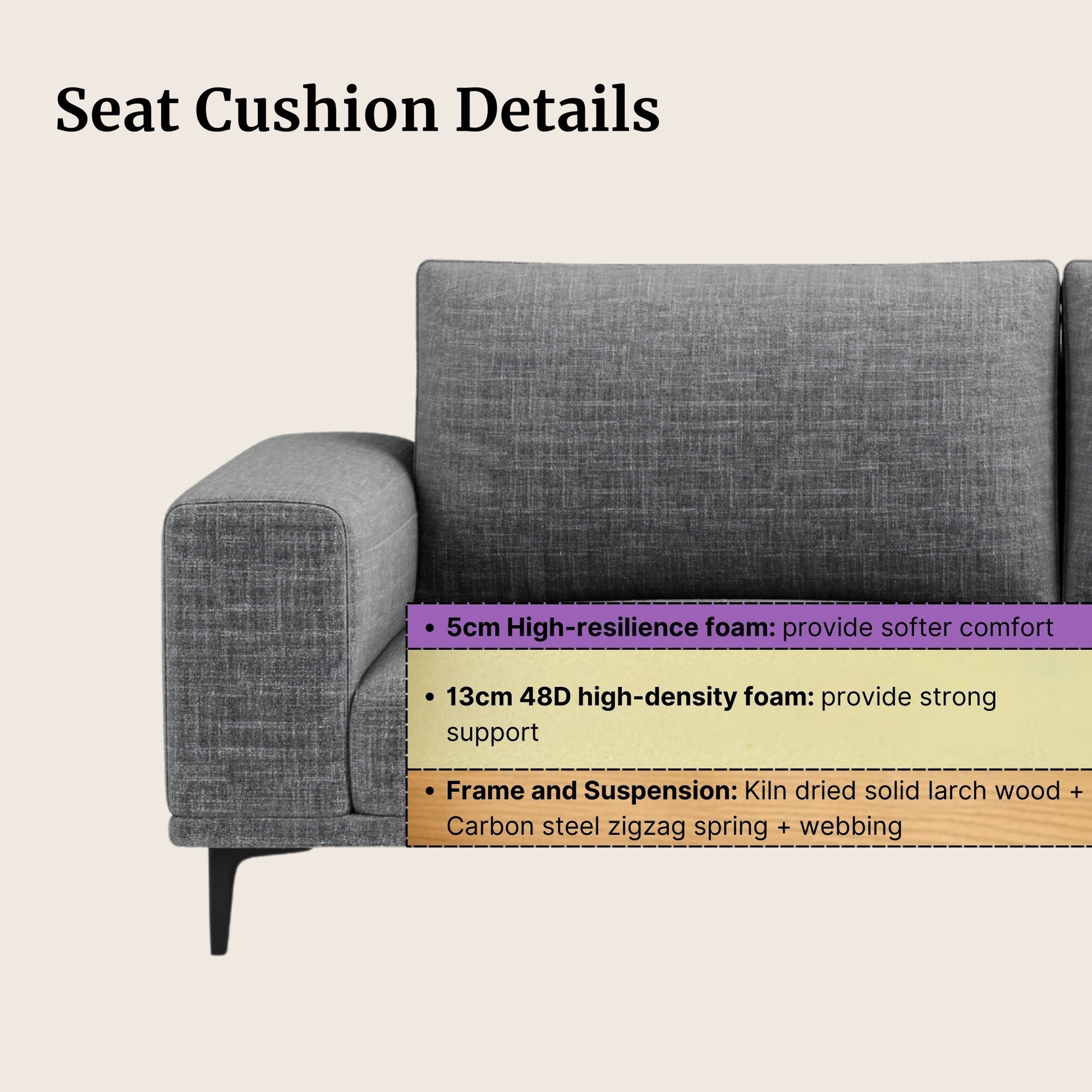 Calm fabric sofa in grey with seat cushion details on a beige background