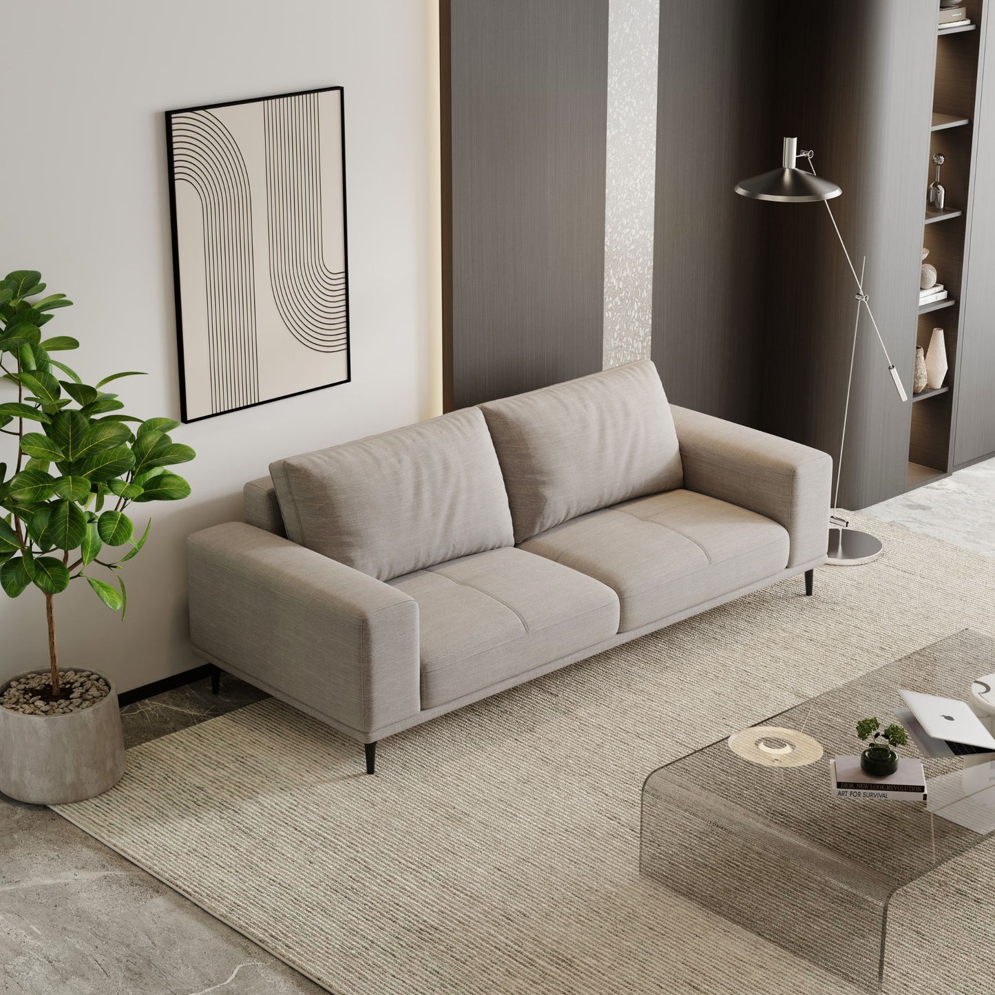 Modern living room with a gray sofa, coffee table, and decorative elements.