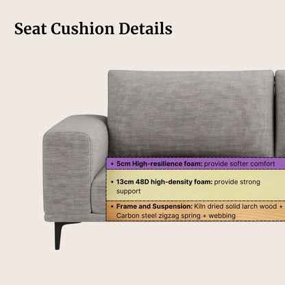 Calm fabric sofa in grey with seat cushion details on a beige background