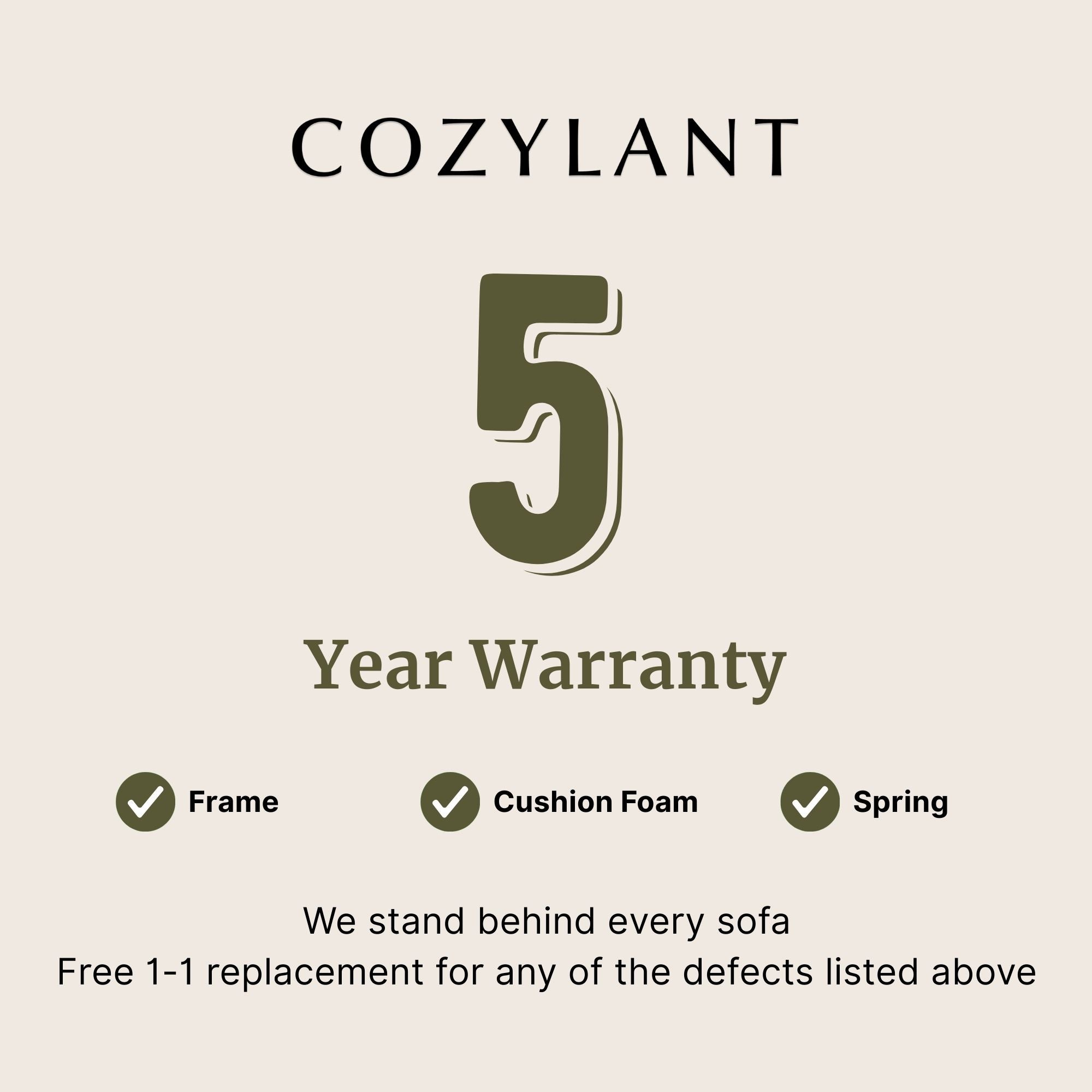 Cozylant 5-year warranty graphic with a beige background
