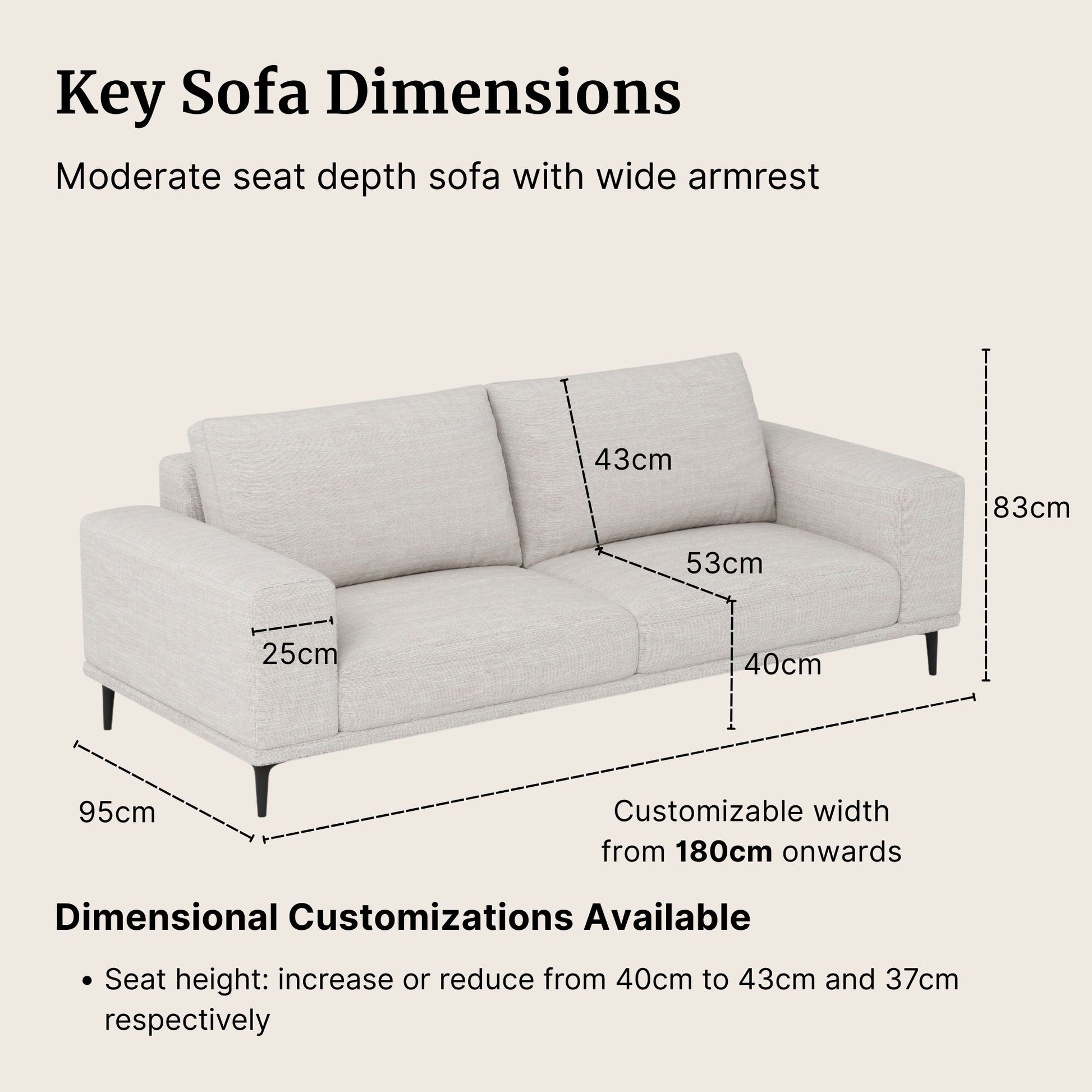 Calm fabric sofa in white with dimensions labeled on a beige background