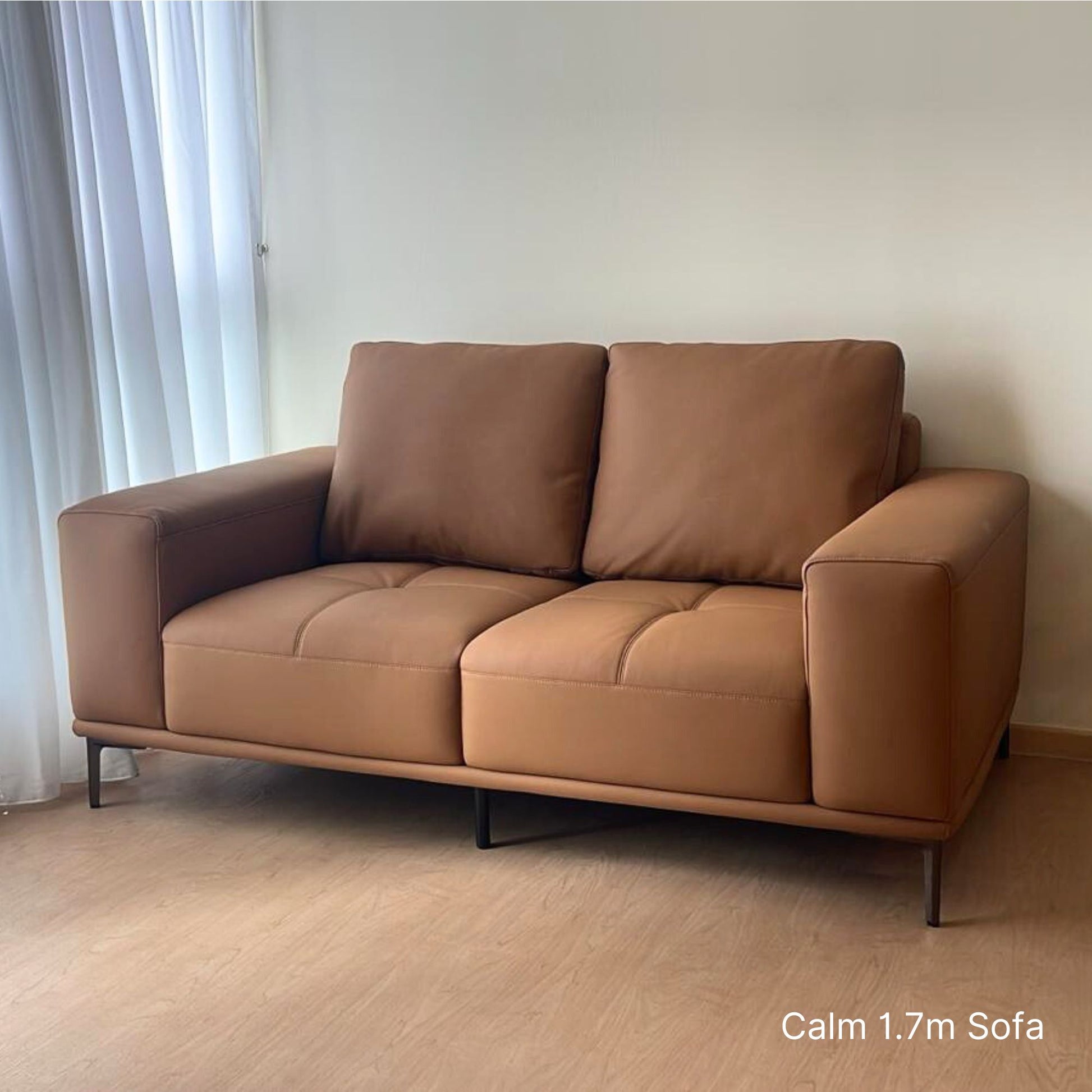 2 seater Calm brown leather sofa in a room with light-colored walls and floor.