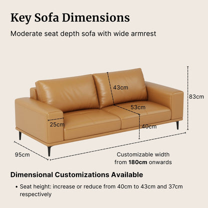 Brown sofa with dimensions labeled on a beige background