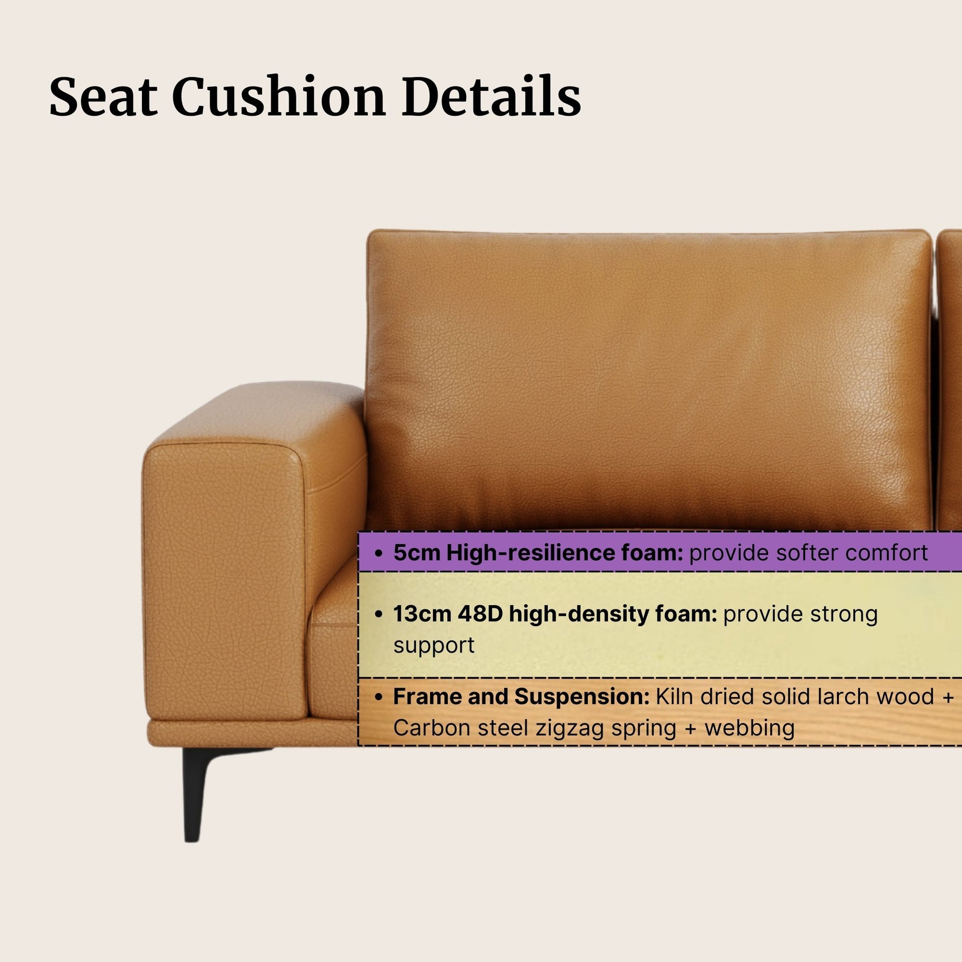 Brown leather sofa with seat cushion details on a beige background