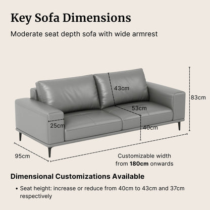 Gray sofa with dimensions labeled on a beige background