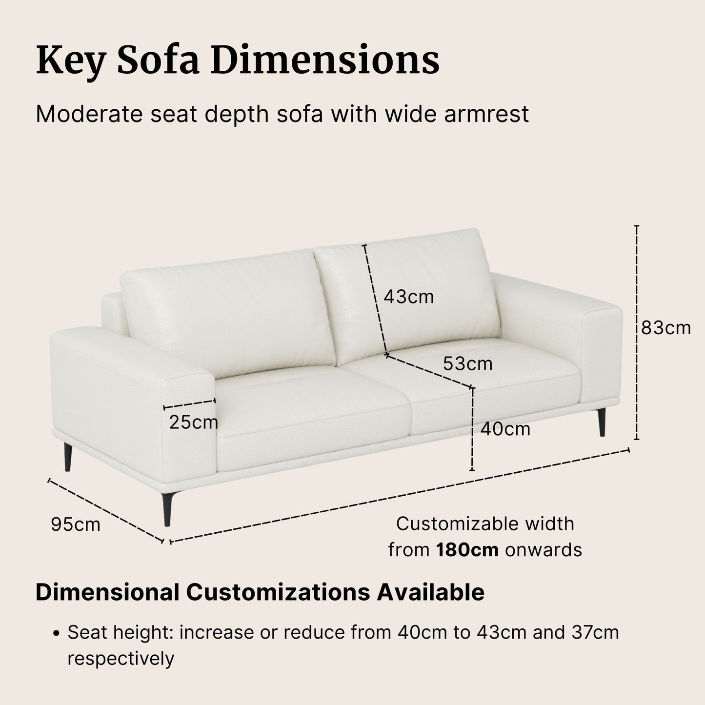 White Calm leather sofa with dimensions labeled on a beige background