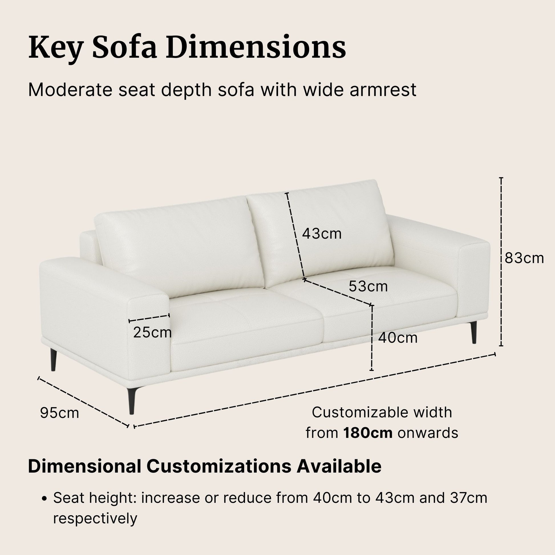 White Calm leather sofa with dimensions labeled on a beige background