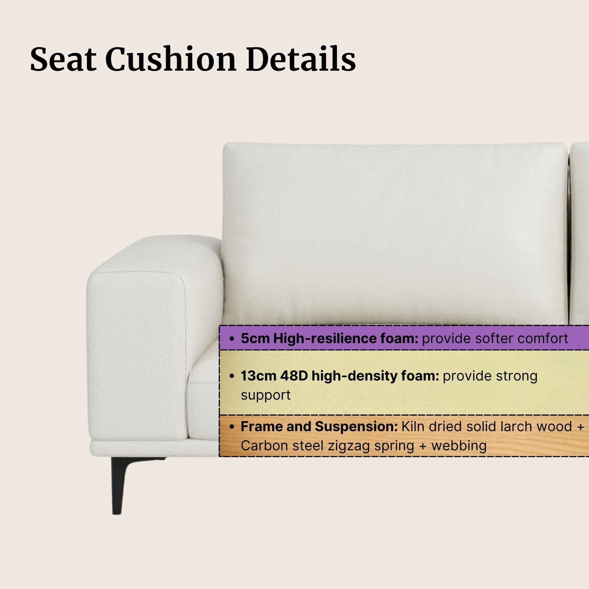 White Calm leather sofa with seat cushion details on a beige background