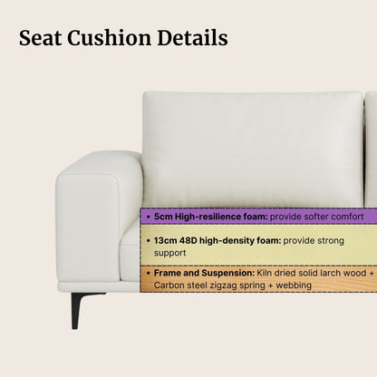 White Calm leather sofa with seat cushion details on a beige background