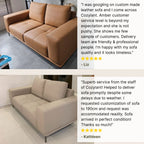 Two leather sofas with customer reviews displayed on a light gray background.