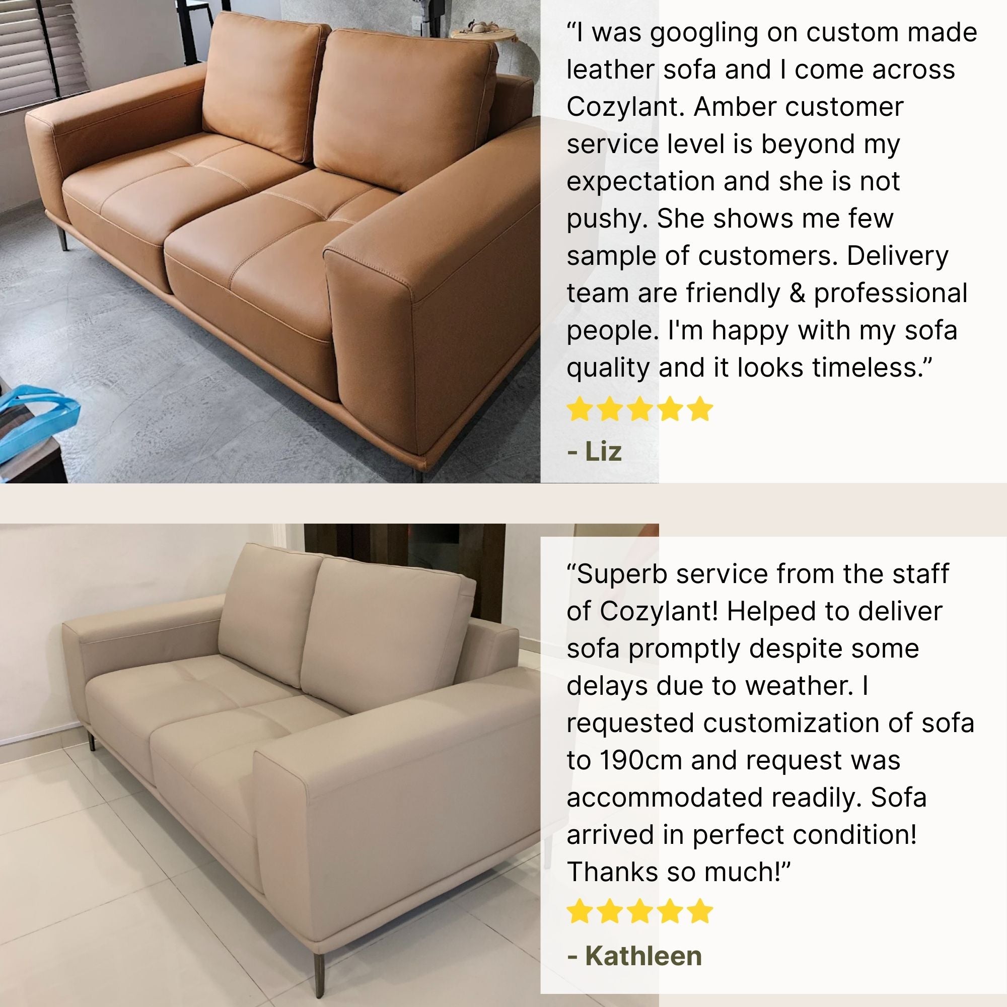 Two leather sofas with customer reviews displayed on a light gray background.