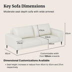 White sofa with dimensions labeled on a beige background