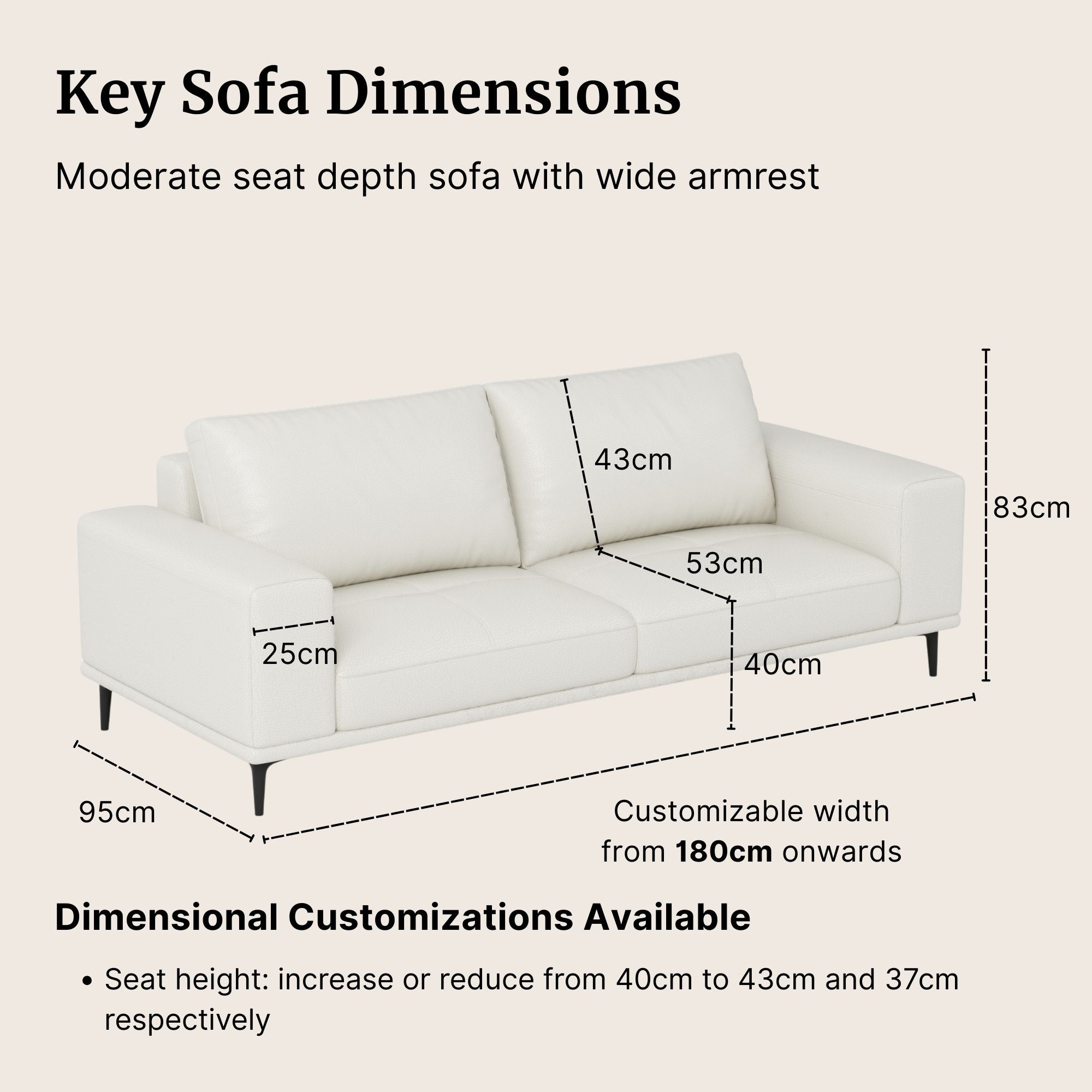 White sofa with dimensions labeled on a beige background