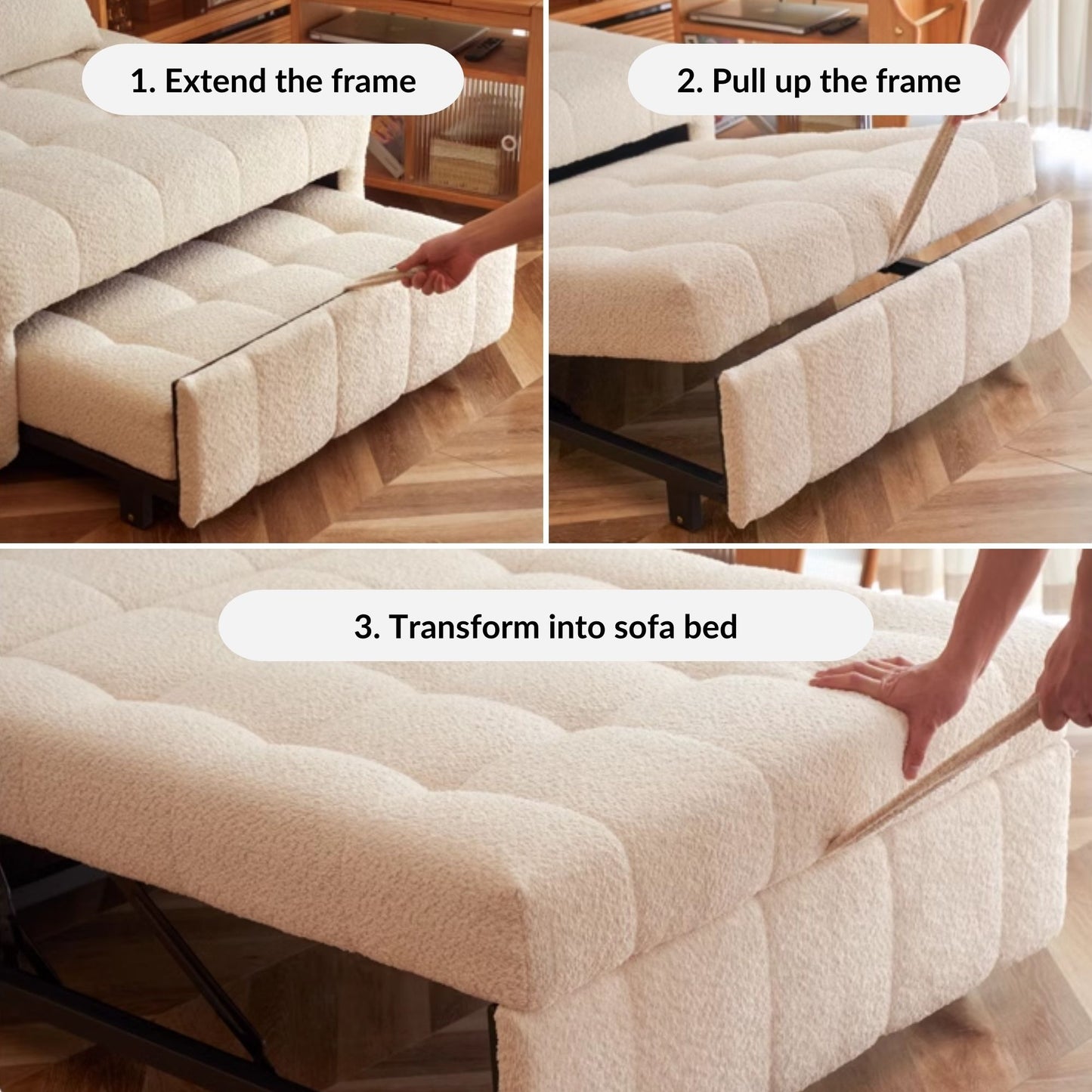 Step-by-step process of transforming a sofa into a sofa bed.