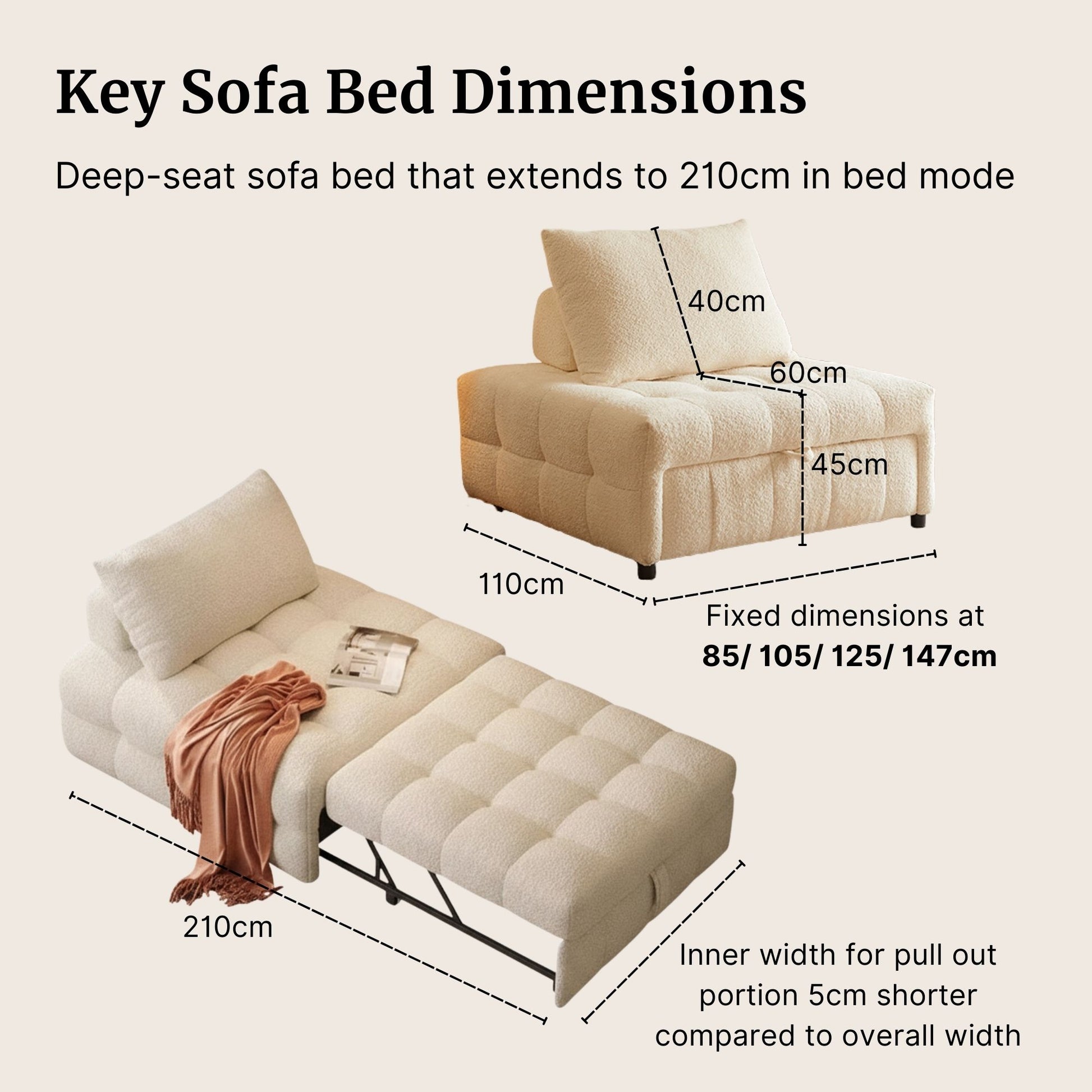 White sofa bed with dimensions labeled on a beige background