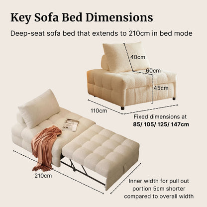 White sofa bed with dimensions labeled on a beige background