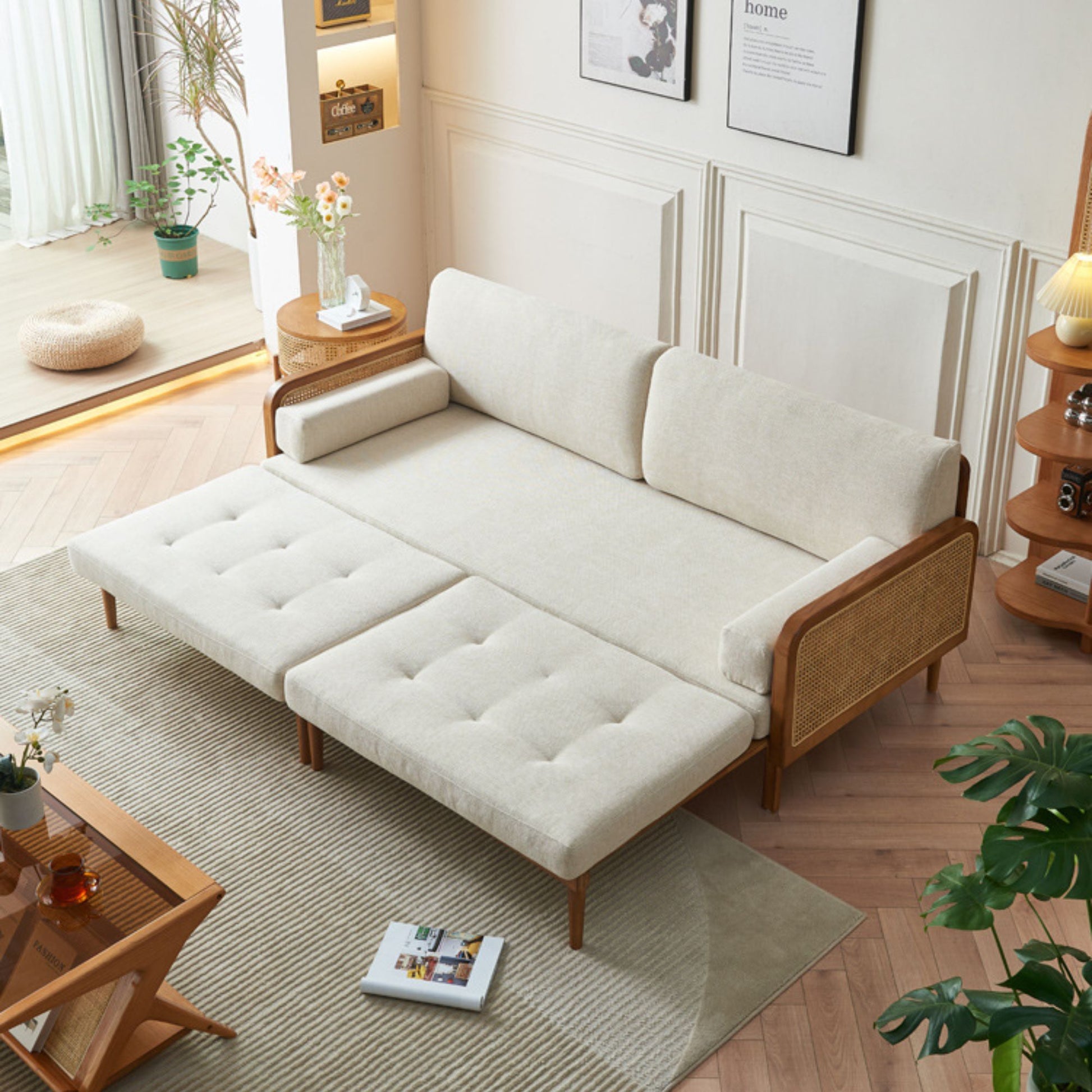 Cane white fabric sofa bed