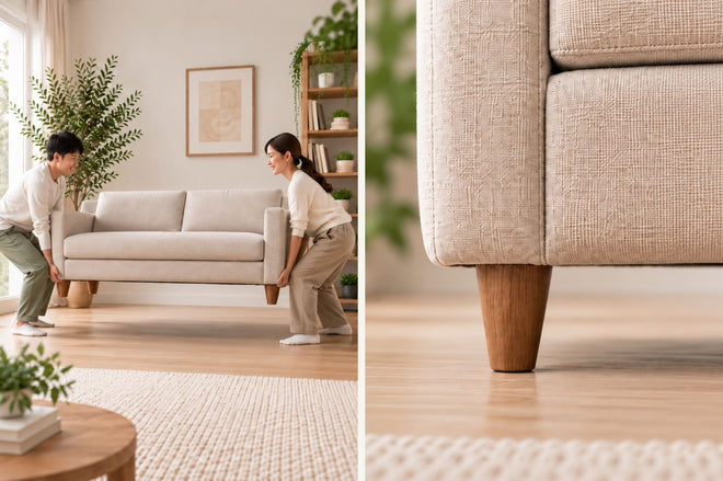 A split-view lifestyle image showing a light beige upholstered sofa in a bright living room, with two people carrying it on the left and a close-up of the sofa's wooden leg on the right.