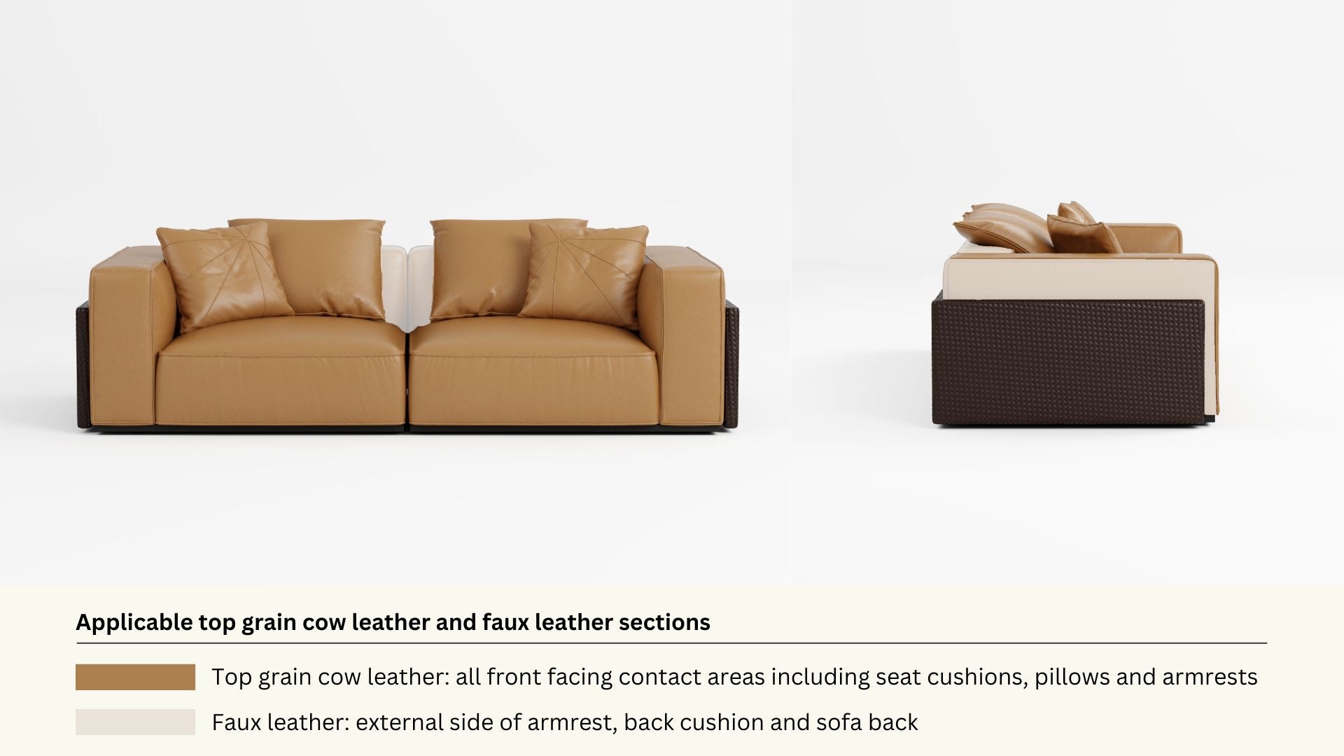 Faux leather and real leather components within a half leather sofa