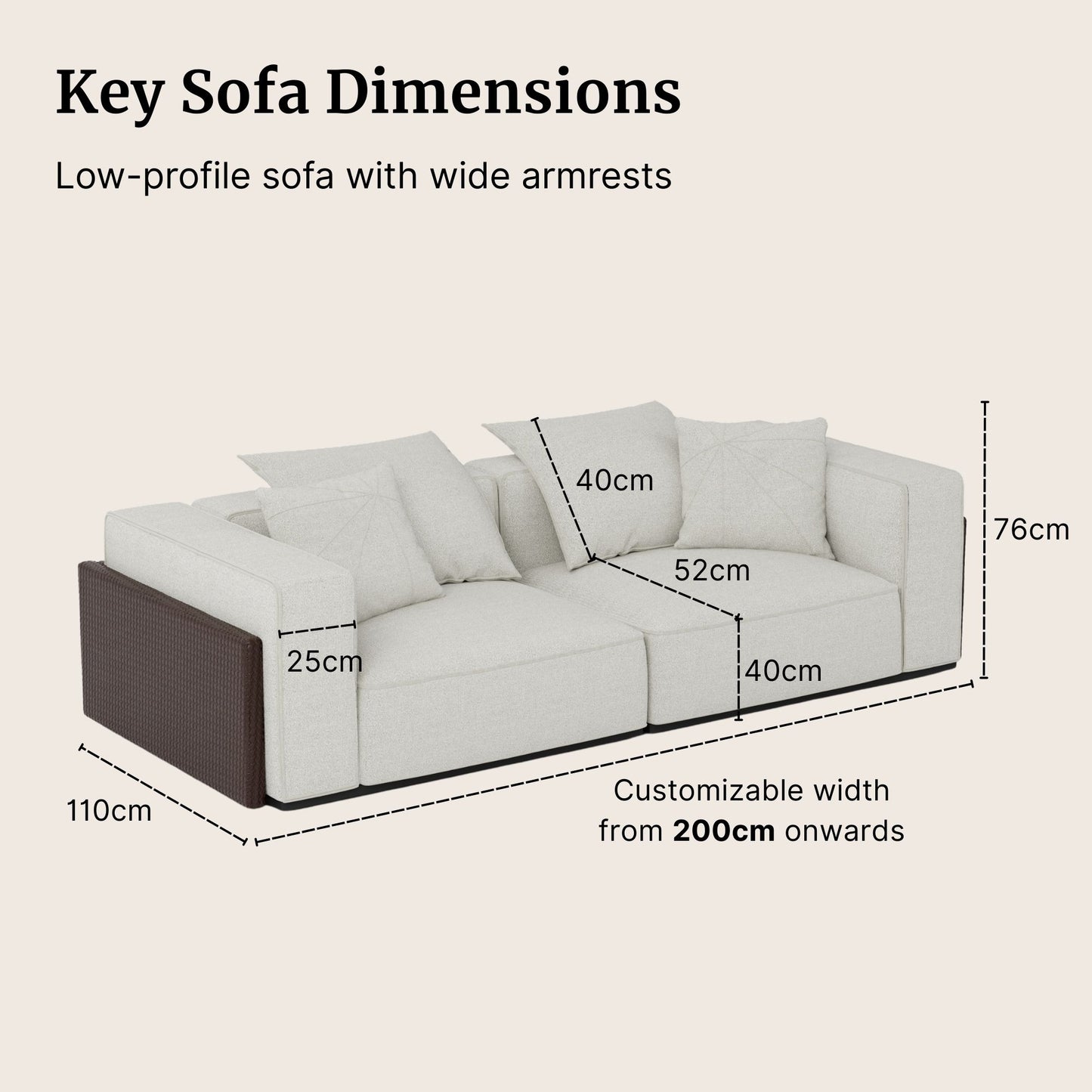 Diagram of a sofa with dimensions labeled on a beige background
